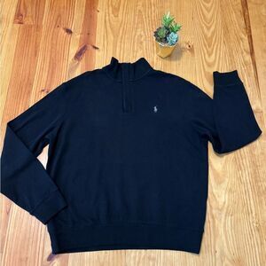 Polo Ralph Lauren Black Sweater Mens LRG 1/4 Zip Pullover Silver Gray Pony